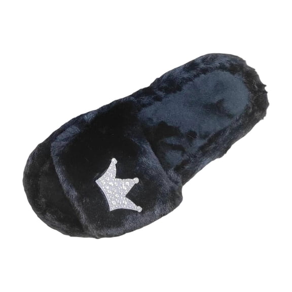Fengactive Womens Black Plush Slippers Rhinestone Crown Decor Warm Indoor Home Slippers 2025 Fashion Slippers