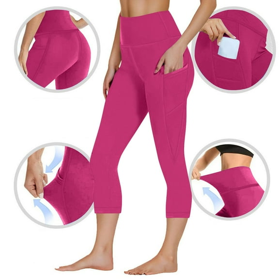 Felirenzacia Women's Capris Leggings with Pockets Tummy Control Push Up High Rise Workout Legging Hot Pink,L