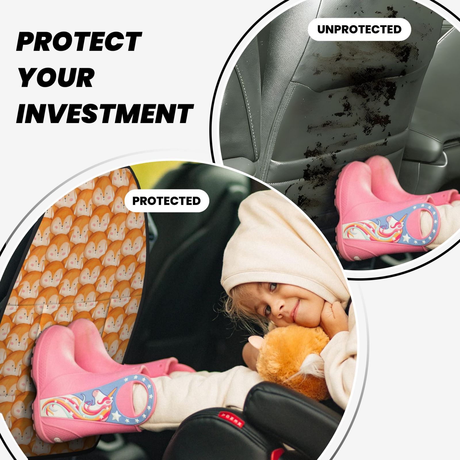 Kdxio Cute Fox Faces Pattern Print 2 Pack Car Kick Mat Seat Cover Back Protector Mat with Pockets for Organizer Backseat Protector and Storage Anti Kick Pad for Vehicles