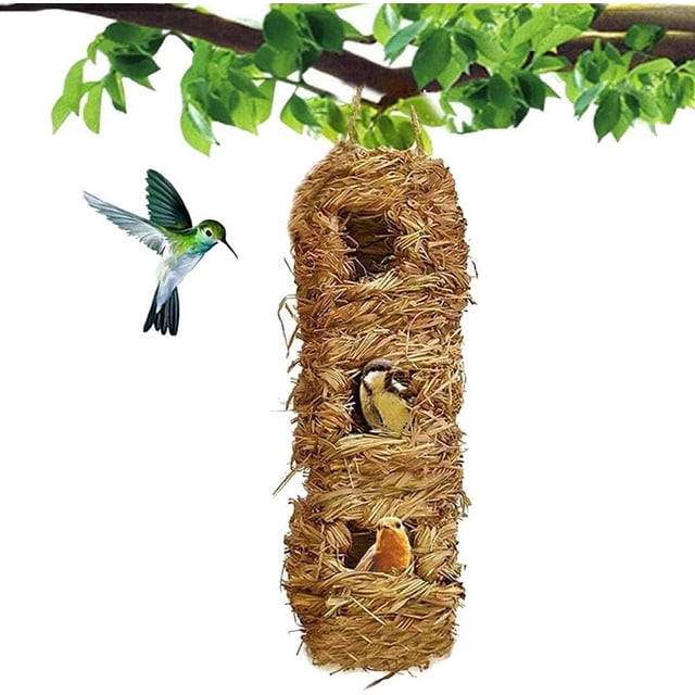 Casa para colibríes tejida a mano, 12.0 x 4.0 in, exterior de césped, cabaña para pájaros, decoración de jardín, nido de bolsillo para pájaros Audubon Finch Canary