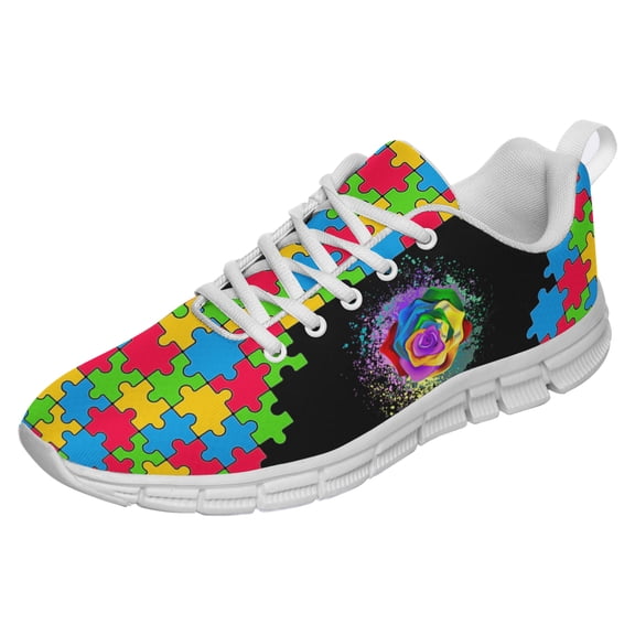 Autism Shoes Women Men Running Sneakers Autism Awareness Puzzle Print Tennis Walking Shoes White Size 3.5