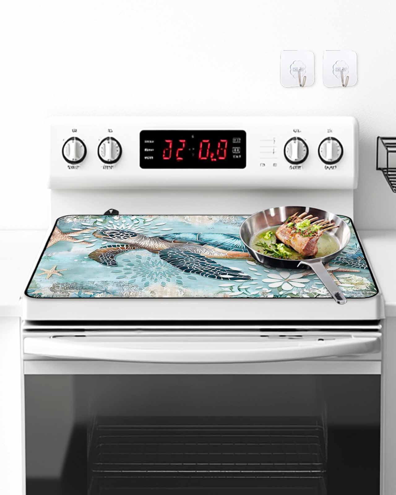 Stove Top Covers for Electric Stove, Sea Turtle Coastal Glass Stovetop Cover Protector, Vintage Teal Nautical Beach Botanical Induction Cooktop Protector Oven Mat for Kitchen Countertop 24"x21"