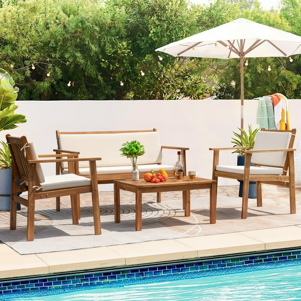 Devoko 4 Pieces Acacia Patio Conversation Set Outdoor Furniture Set