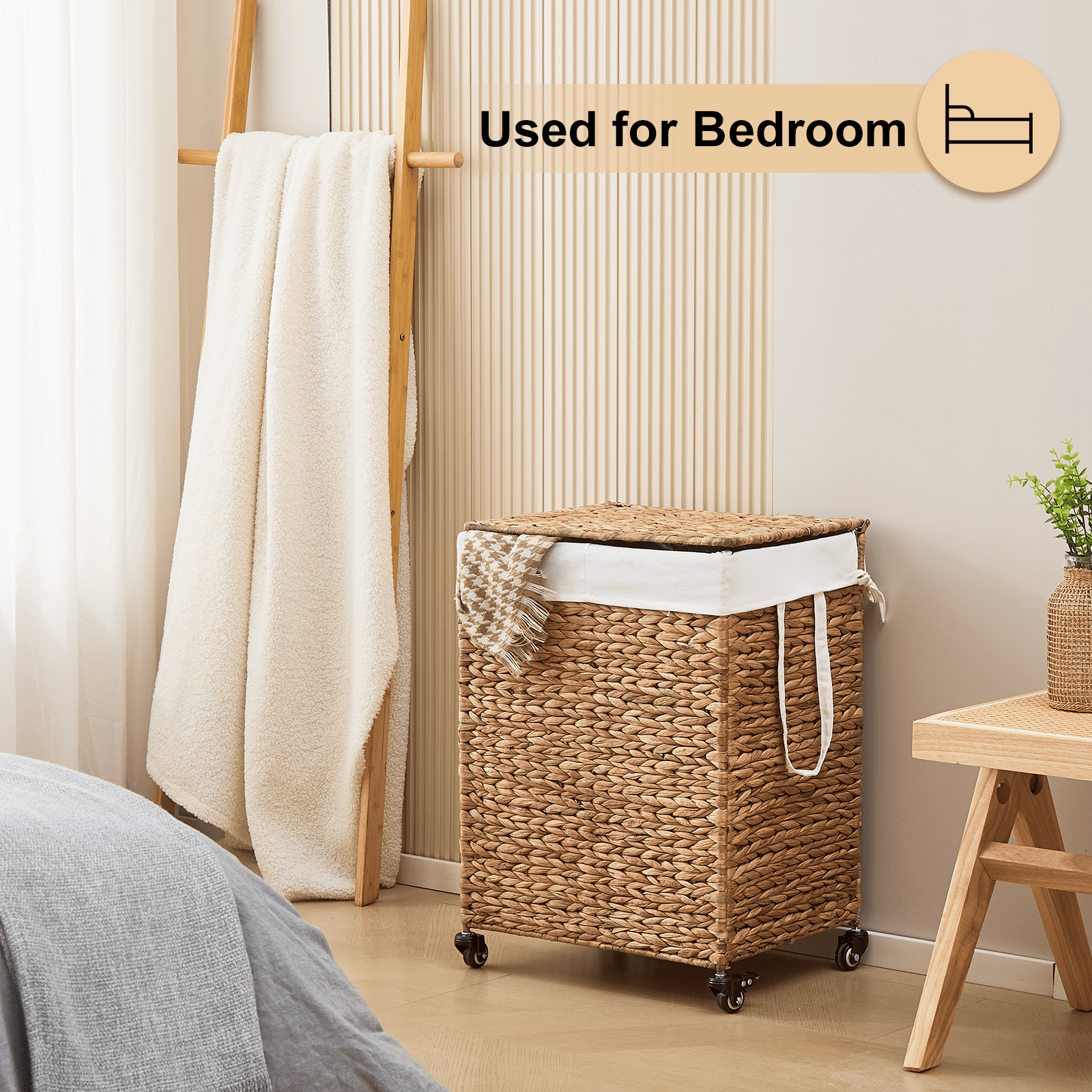 100L 2-Section Laundry Hamper with Lid and Wheels, Woven Natural Water Hyacinth