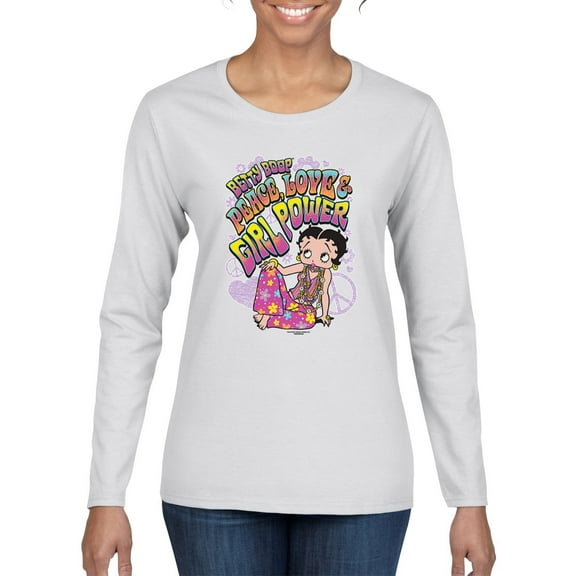 Wild Bobby Betty Boop Peace, Love and Girl Power Betty Boop Womens Long Sleeve T-Shirt, White, Large