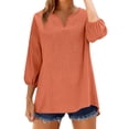 thumbnail image 3 of Craaazy Plus Size Womens Solid Color V-Neck 3/4 Sleeve Cotton Linen Blouse with Embroidery for Casual Outings Gift, 3 of 9