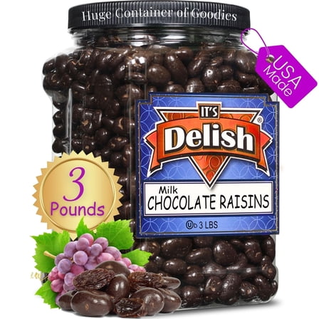 Gourmet Milk Chocolate Covered Raisins by It's Delish, 3 LBS Jumbo Container  Milk Chocolate Raisins Candy Snack for Parties or Holiday Events and Healthy Snacking  USA Made, Kosher Dairy