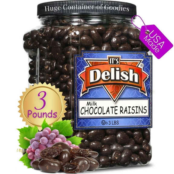 Gourmet Milk Chocolate Covered Raisins by It's Delish, 3 LBS Jumbo Container  Milk Chocolate Raisins Candy Snack for Parties or Holiday Events and Healthy Snacking  USA Made, Kosher Dairy