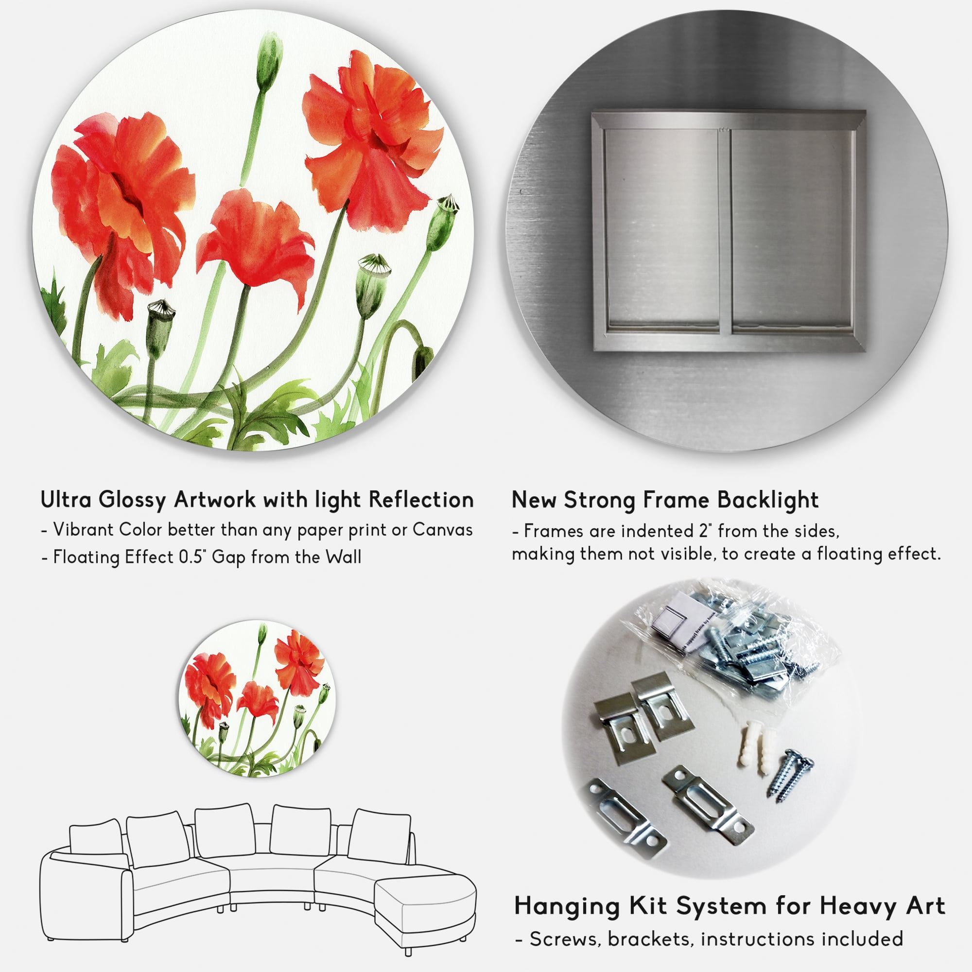 Designart 'Ancient Red Poppies III' Traditional Circle Metal Wall Art 29x29 - Disc of 29