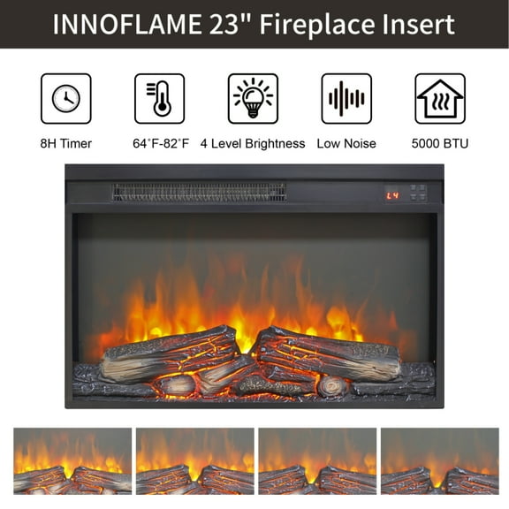 26 inch electric fireplace insert, ultra thin heater with log set & realistic flame, remote control with timer, overheating protection