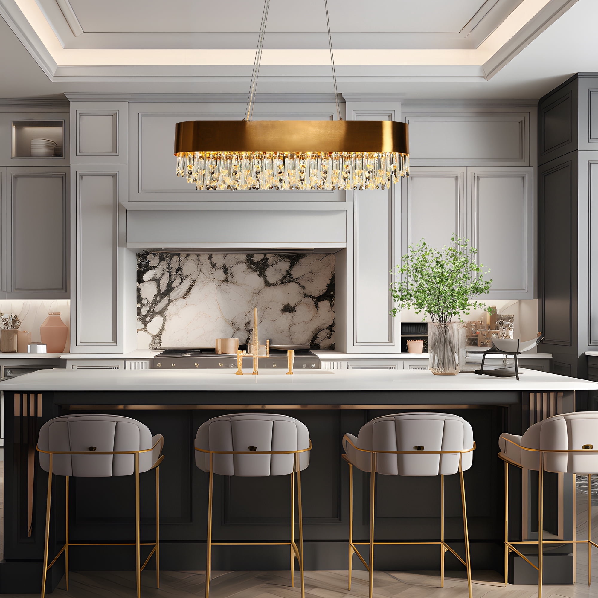 LNC Icarium 10 -Light Polished Gold and Crystal Glam Textured glass Geometric Large Hanging Kitchen island light
