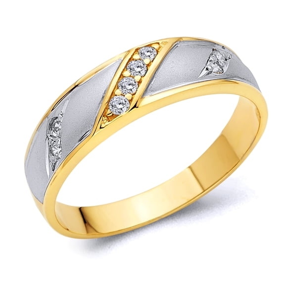 Wellingsale Men's Solid 14k Two 2 Tone White and Yellow Gold Polished CZ Cubic Zirconia Wedding Band - Size 8
