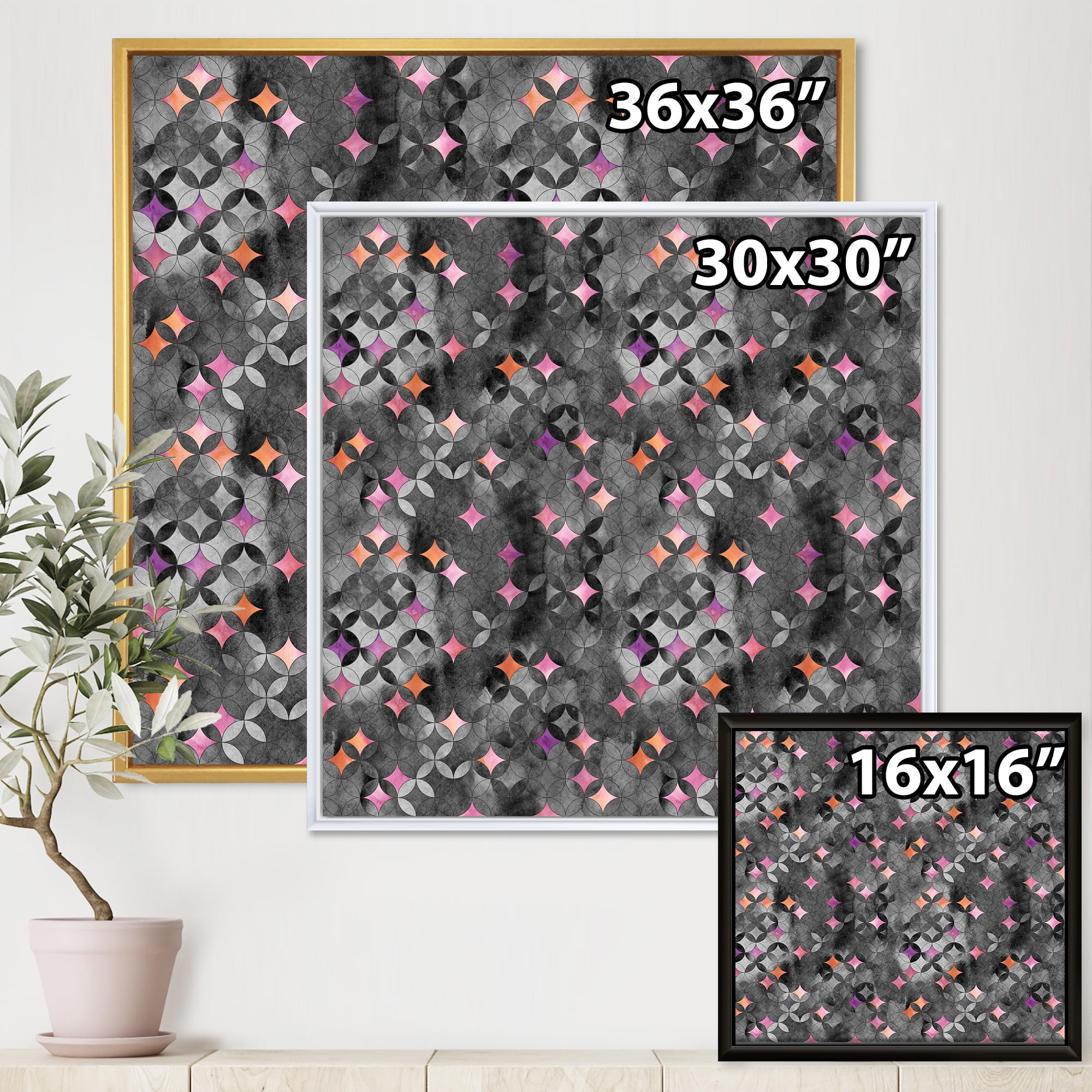 Designart 'Geometry Pink Stars With Intersecting Circles' Modern Framed Canvas Wall Art Print