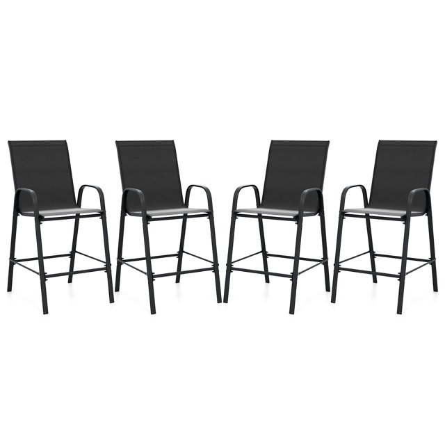 Gymax 4PCS Outdoor Bar Stools 29'' Fabric Bar Height Stools w/ Armrests & Footrest Black