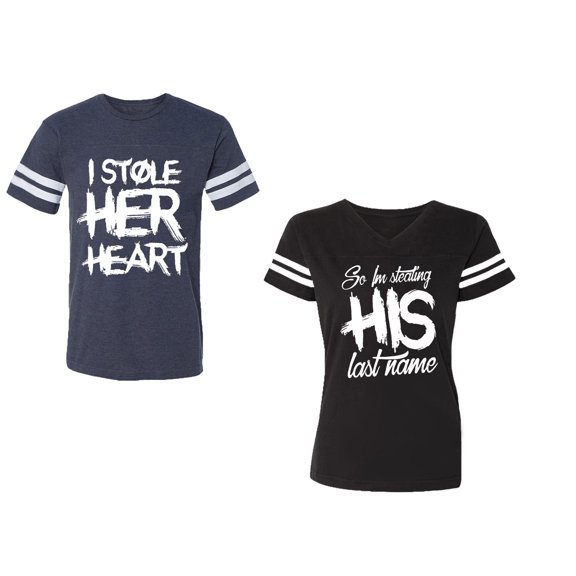 I Stole Her Heart So I am Stealing His Last Name Unisex Couple Matching Cotton Jersey style T-Shirt Contrasting stripes on sleeves (Men Navy / Women Black) (Men S / Women S)