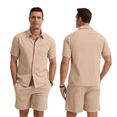 thumbnail image 5 of Mens Summer Outfit 2 Piece Beach Shirt Shorts Set Coconut Button Casual Vacation Summer Set Light Khaki S, 5 of 7