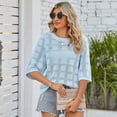 thumbnail image 4 of Defitshape Women's Soft Short Sleeve Shirt See Through Top Fashion Lightweight 3/4 Sleeve Knit Summer Sun Protection T Shirt Light Blue Blue, 4 of 4