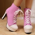 thumbnail image 2 of Heeled Ankle Boots for Women Fashion Round Toe Canvas Platform Heels Side Zipper Lace up Stilettos Furry Lined Booties Pink Size 7, 2 of 5