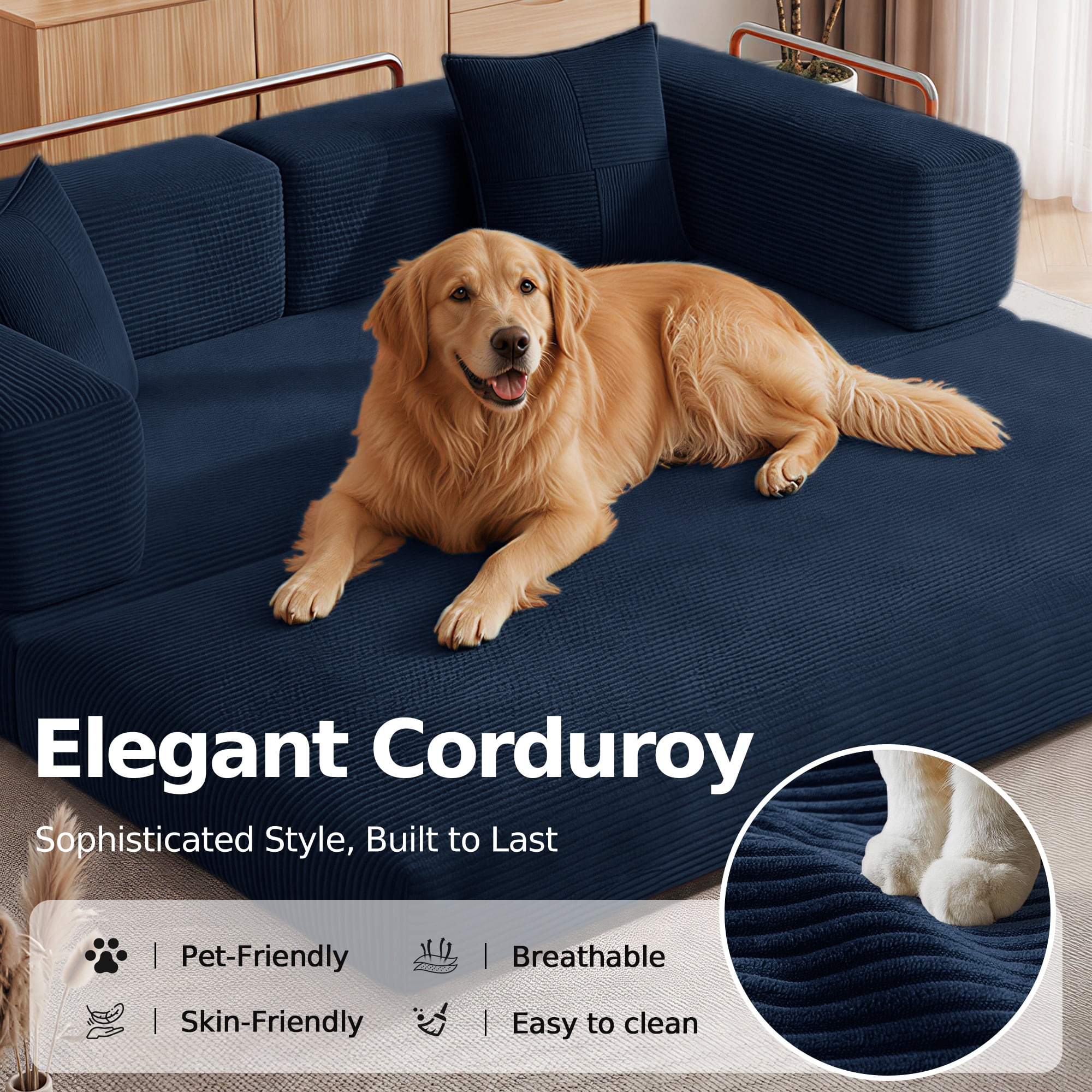 DILORA Convertible Sleeper Sofa Bed,Compressed Floor Boneless Couch,Modular Modern Corduroy Sofa for Living Room Bedroom,Easy Assembly(Bule)78.8''