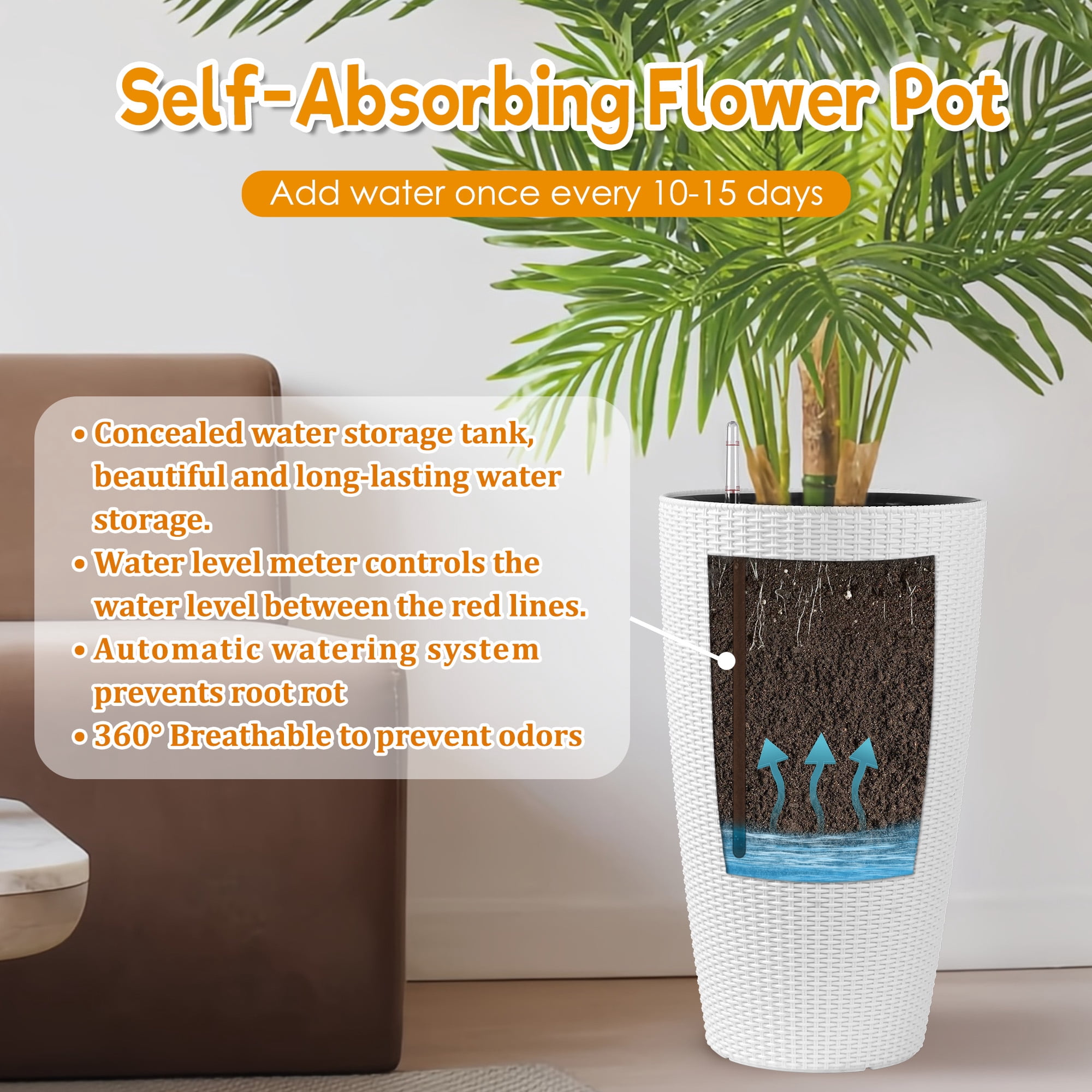 Rattan Planter, 2 Pack Universal Large Plant Pot for Garden Balcony Indoor Outdoor, White