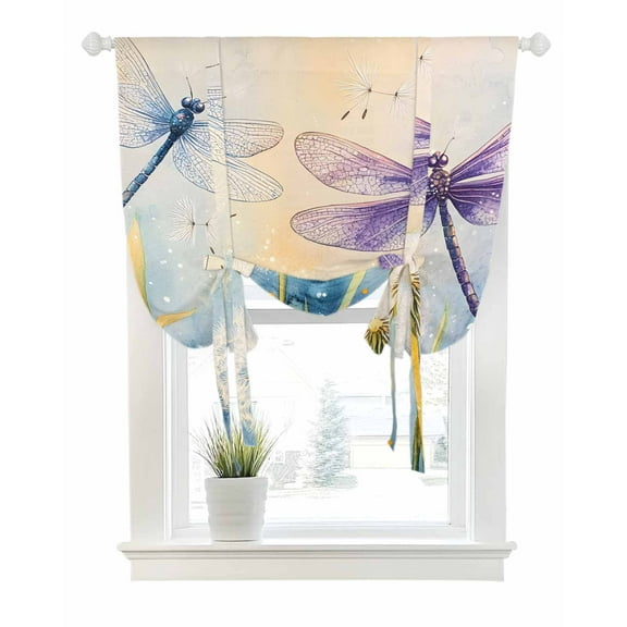 Blue Purple Dragonfly Tie Up Curtains for Window, Thermal Insulated Balloon Shade Adjustable Rod Pocket Curtains Valance Panels for Kitchen Bathroom Cafe 52 x 45 Spring Floral Watercolor