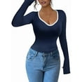 thumbnail image 2 of Women'S Sweetheart Neck Fitted T Shirts Long Bell Sleeve Ribbed Knit Tops Navy Blue L, 2 of 7