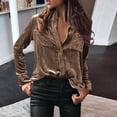 thumbnail image 2 of qolati Women's Long Sleeve Button Down Shirts Elegant Solid Velvet Oversized Basic Tunic Blouse Casual Regular Fit Going Out Work Tops with Pockets, 2 of 5