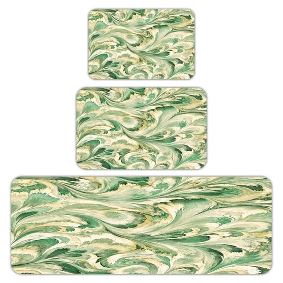 RKSupls Kitchen Rug Set 3 Piece Anti-Slip Flannel Floor Mats, Green Marble Swirl Washable Absorbent Runner Mats for Kitchen Bathroom Home Decor