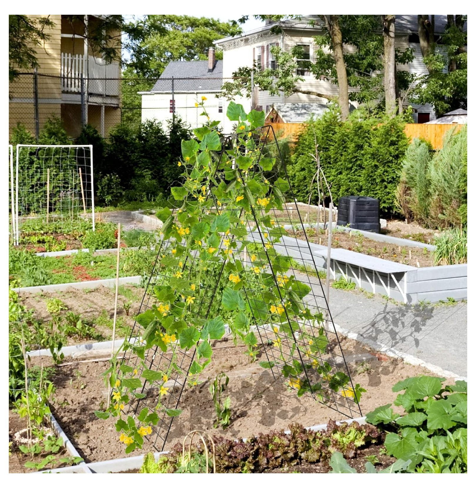 48 x 34 Inch Cucumber Trellis for Garden, 8 PCS Foldable A-Shape  Support W/18 Clips, 16 Ground Stakes, 8 Spiral Connectors, 12 Cable Tie, Twist Tie, Garden Trellis for Climbing