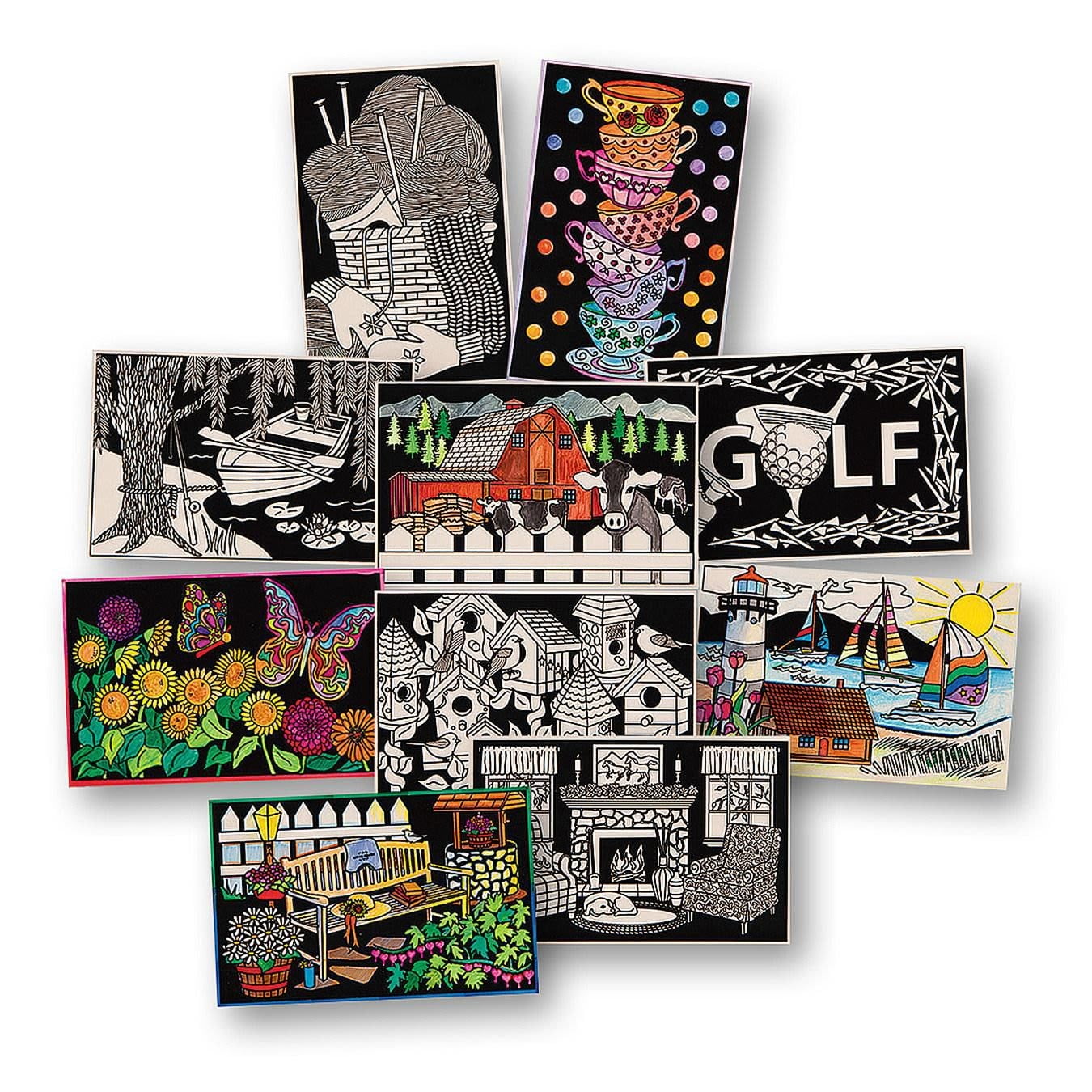 S&S Worldwide Velvet Art Landscape Posters, 5 each of 10 Designs, Designs Targeted to Adults, Men, Women, Fuzzy Posters, Color With Markers or Colored Pencils, 11" x 17" Cardstock, Pack of 30.