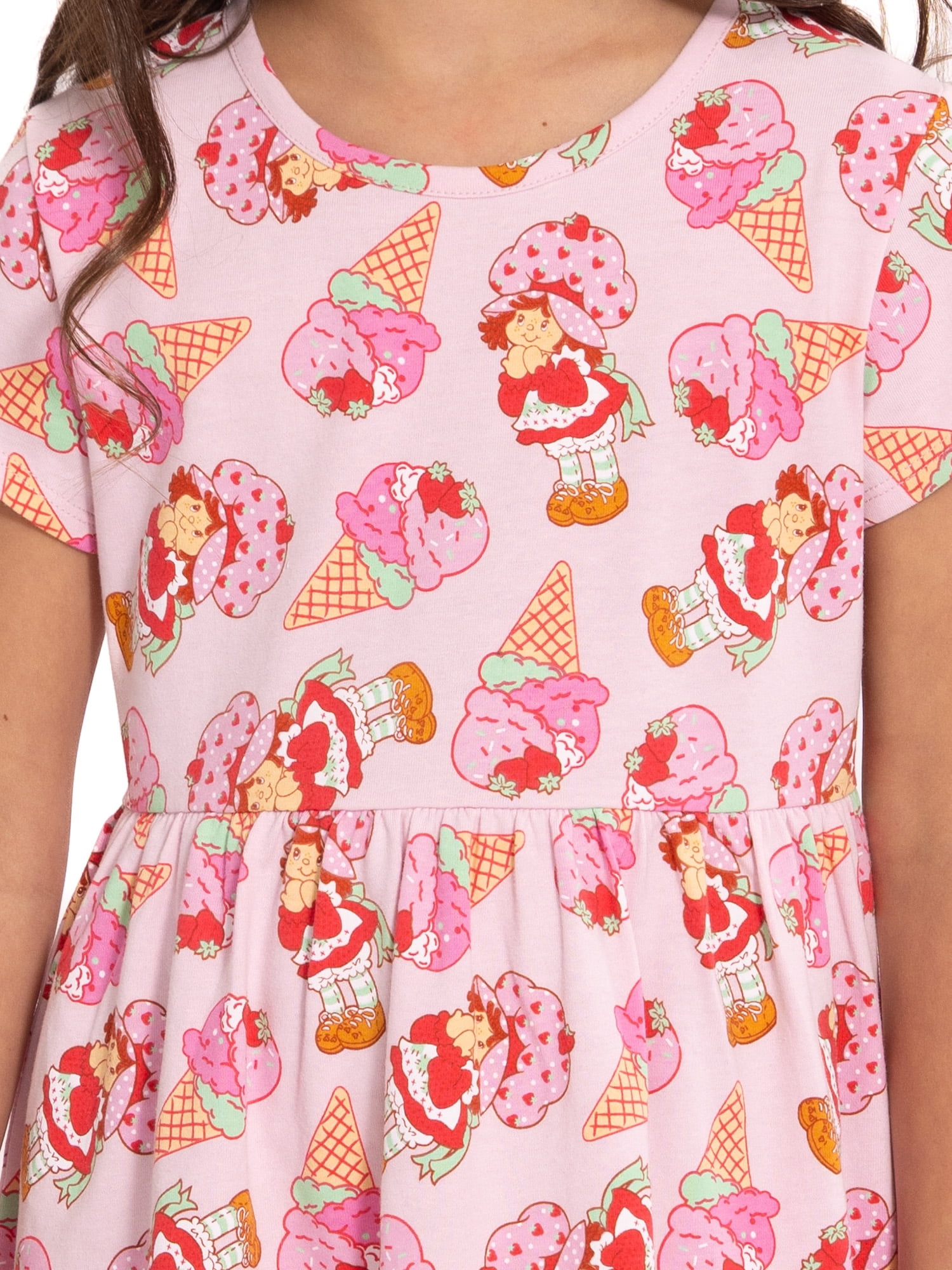 Strawberry Shortcake Girls Allover Print Dress with Short Sleeves, Sizes 4-12