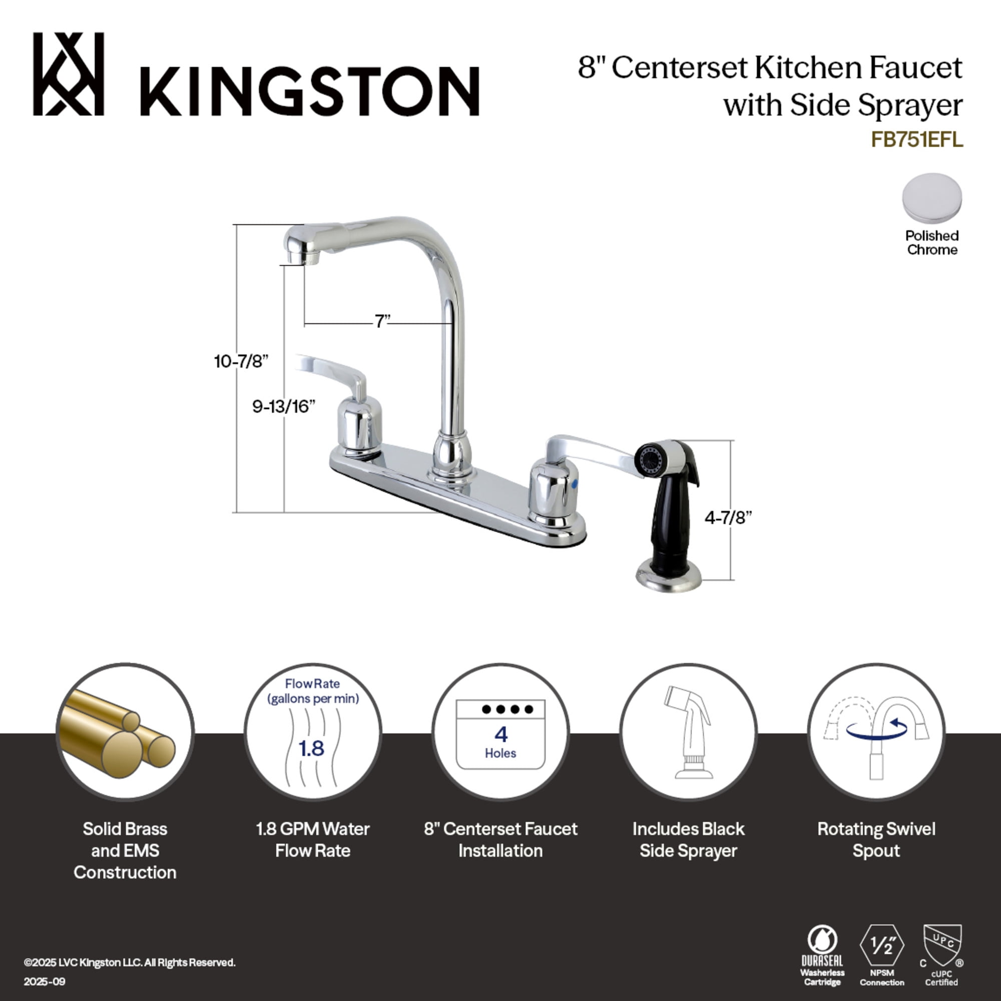 Kingston FB751EFL Centurion Two-Handle 4-Hole 8" Centerset Kitchen Faucet with Side Sprayer in Polished Chrome