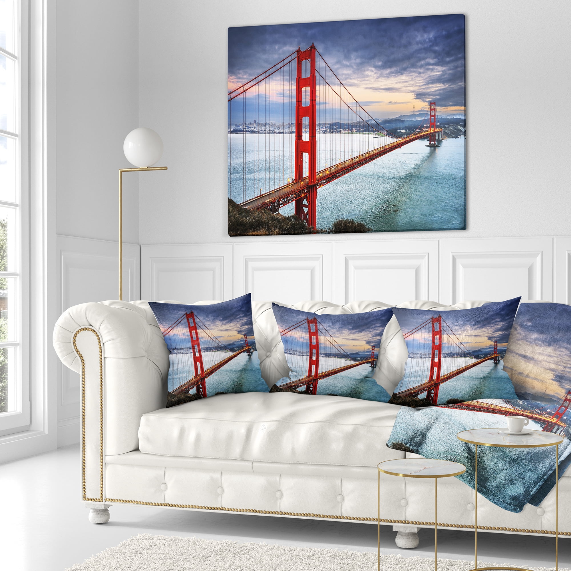 Designart Golden Gate under Cloudy Sky - Sea Bridge Throw Pillow - 16x16