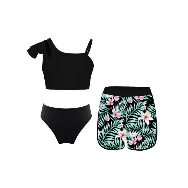 Yanarno Kids Girls 3Pcs Tropical Trees Print Rash Guard Swimsuit Sleeveless Sun Protection Beachwear Bathing Suit Black Flower 16