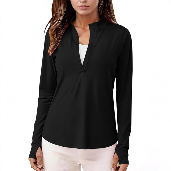 AUNVITO Women's Quick-Dry Sun Protection Sports Top Long Sleeve Zipper Collar Solid Color Athletic Casual