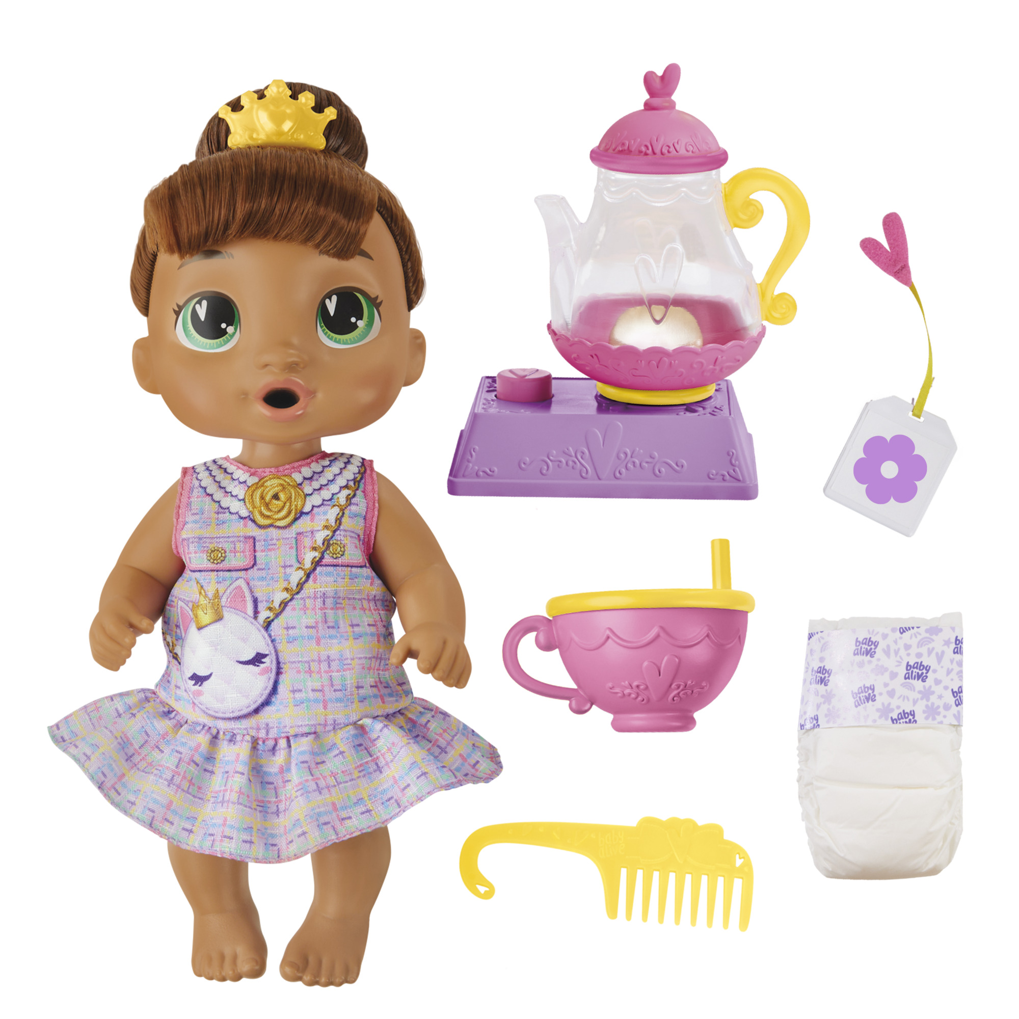 Baby Alive Bubbly Tea Party Sophia Sparkle, Brown Hair Baby Doll for Girls & Boys Ages 3 and up