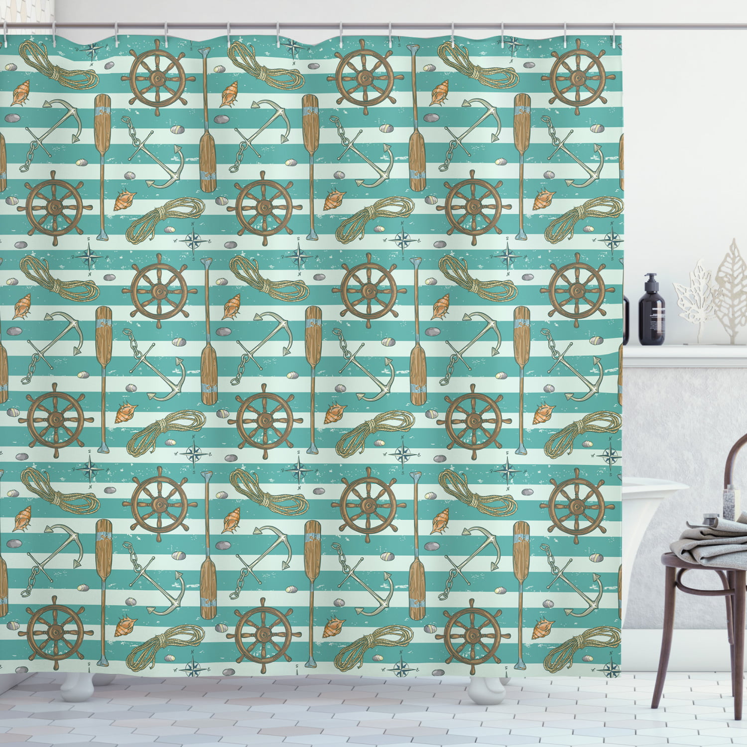 Seashell Shower Curtain Bathroom Decor Fabric 12hooks 71in Anchor Starfish 