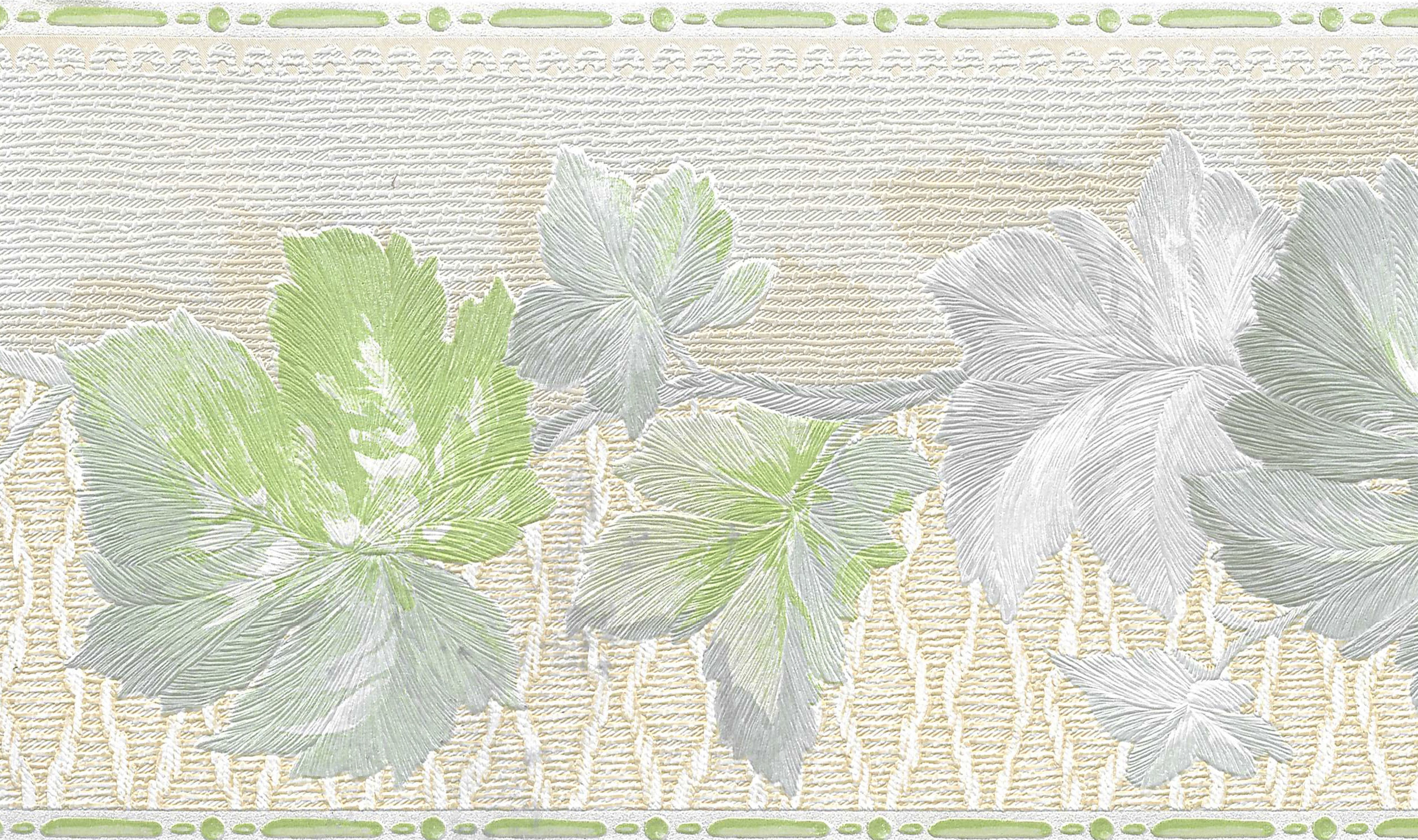 Dundee Deco Prepasted Wallpaper Border - Floral Green, Beige Leaves on Vine, 15 ft x 4.25 in
