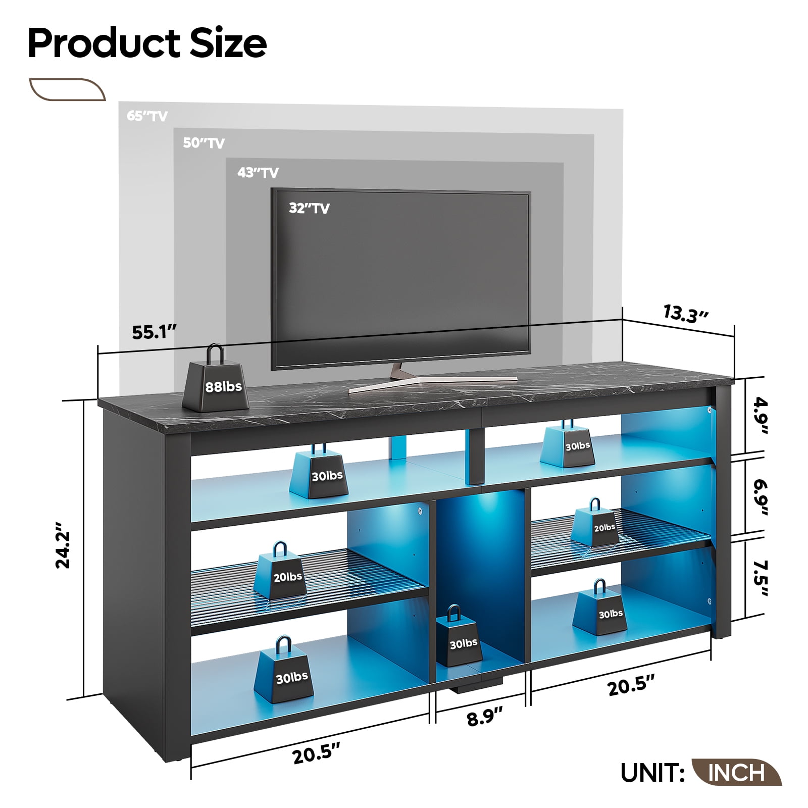 Bestier Tall TV Stand for 65" TVs,Entertainment Center with PS5 Storage,LED TV Stands for Living Room,TV console with Adjustable Storage Shelf,Black Marble TV Stand