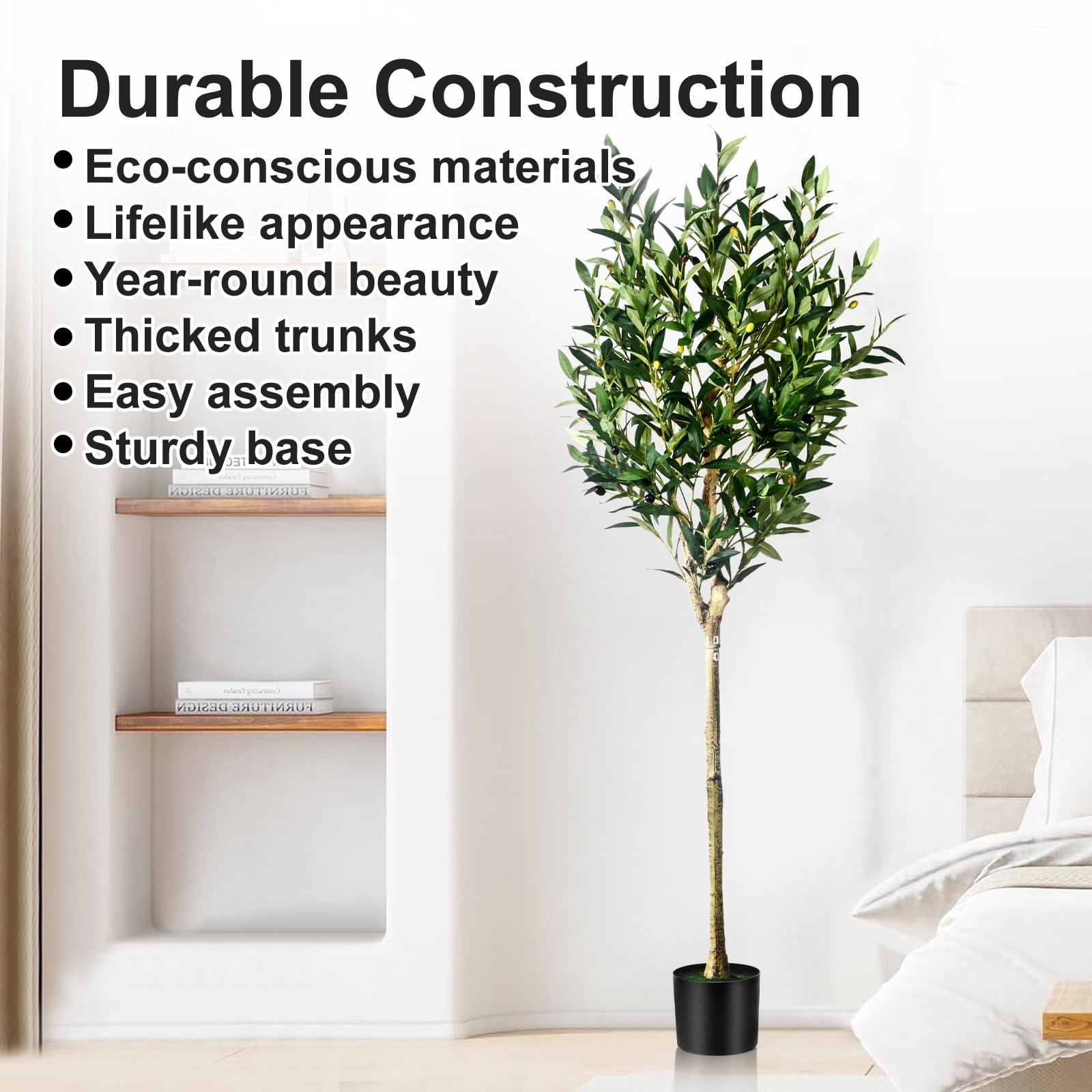 5 ft Artificial Olive Plants with Realistic Leaves and Natural Trunk, Silk Fake Potted Tree with Wood Branches and Fruits for Office Home Decor