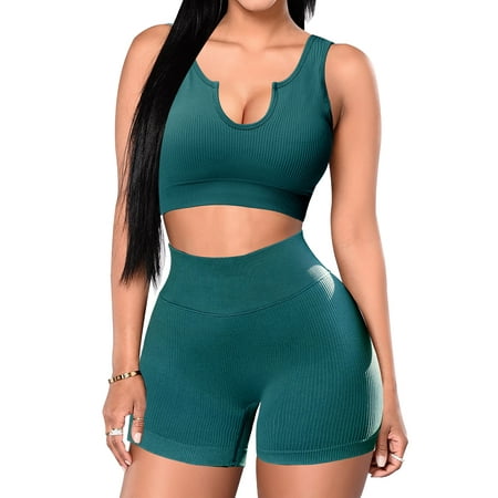 2 Piece Workout Sets for Women Seamless Yoga Outfits Ribbed Sports Bra Gym Shorts (Turquoise Small)