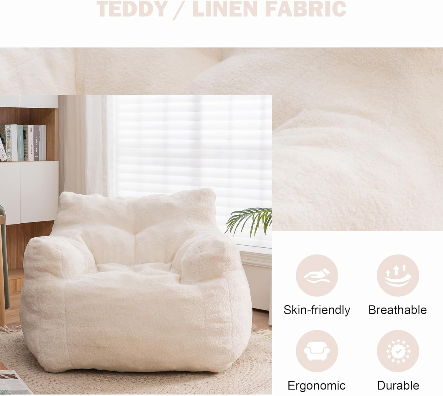 3FT Bean Bag Chair for Adult Teens Kids(with Filler) Furniture - Soft Teddy Fabric Lazy Sofa Chair - Bean Bag Lounger  Chairs for Living Room Bedroom Dorm Room (Ivory)
