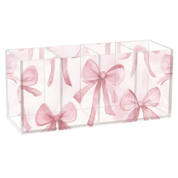 Pen Holder 4 Compartments Acrylic Pencil Cup Desktop Makeup Organizer Office Supplies Watercolor Pink Bow