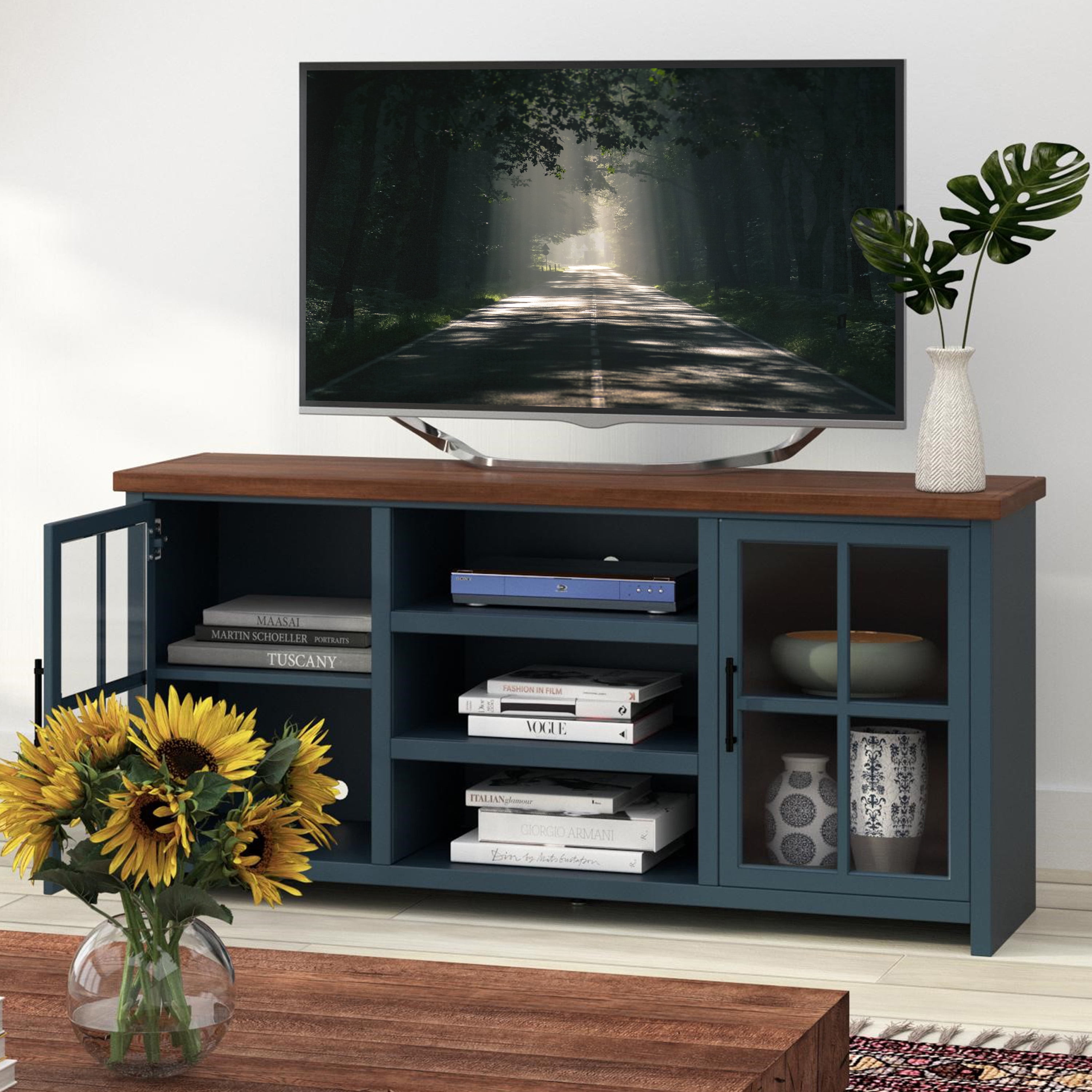 Bridgevine Home Modern Farmhouse Blue TV Stand for 55 Inch TV