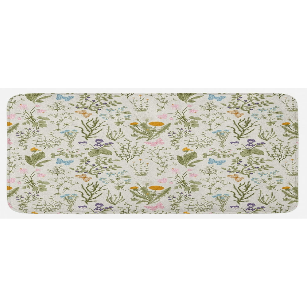 Floral Kitchen Mat, Vintage Garden Plants Herbs Flowers Botanical