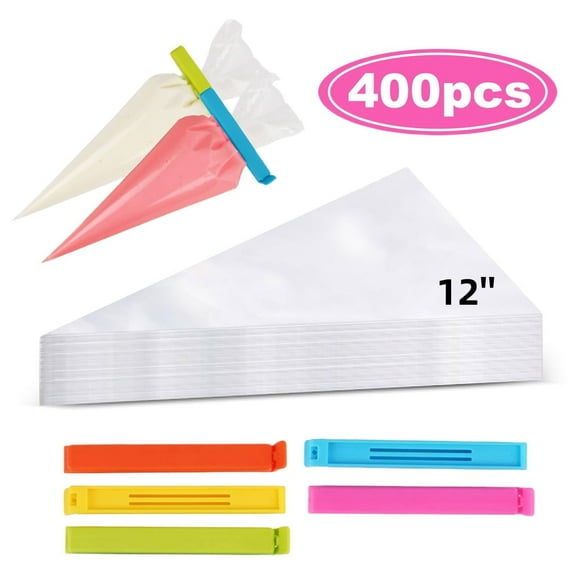 Piping Bags,Disposable Pastry Bags with 5 Clips 400 Pcs12'' Disposable Frosting Bags Cake Cookie Decorating Kit  ﻿
