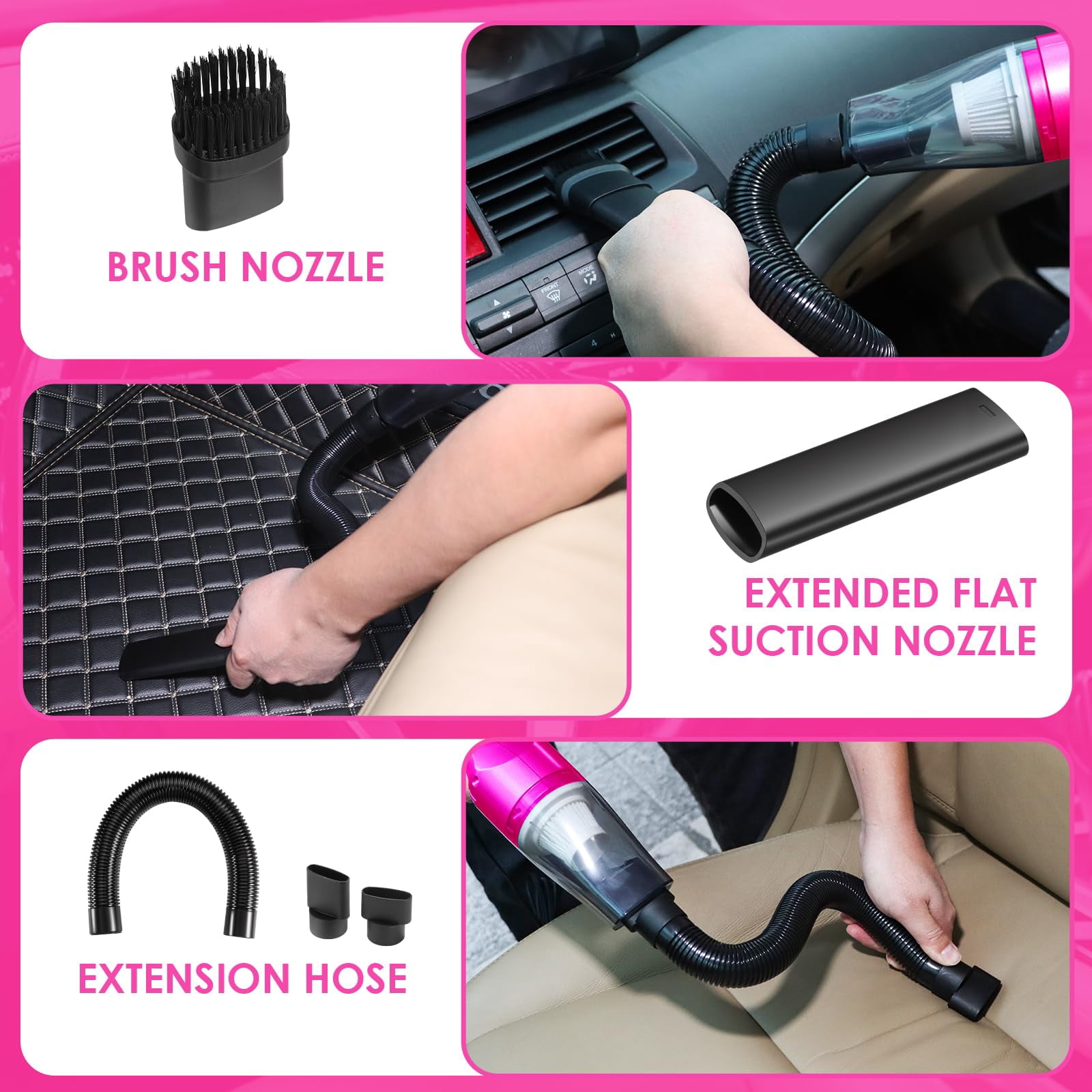 Pink Car Interior Detailing Kit, Auto Cleaning Set with Handheld Vacuum, Detailing Brushes, Windshield Cleaner and Cleaning Gel, Perfect Car Accessories for Women