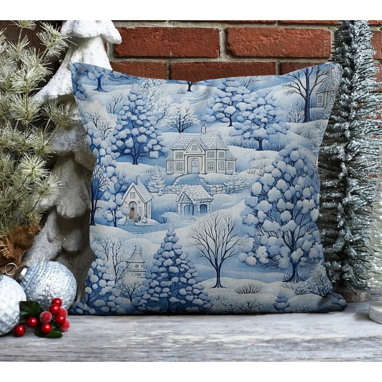 Blue and White Snowy Winter Village Cottages and Trees Square Pillow Case 100% Polyester Velvet Seasonal Home Decor