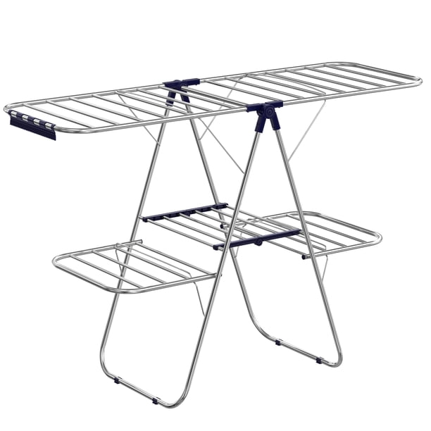SONGMICS Tendedero, Plegable de 2 Niveles, Alas Ajustables en Altura, con Clips para Calcetines, 33 Barras para Secar la Ropa, Plata y Azul