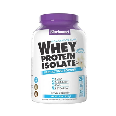 Bluebonnet Whey Protein Isolate Powder 26g From Grass Fed Cows, French Vanilla, 2 lbs